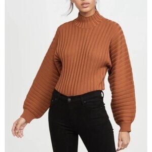 Free People Womans Sz M Mad Chill Pullover Sweater Mock Neck Ribbed Russet Brown